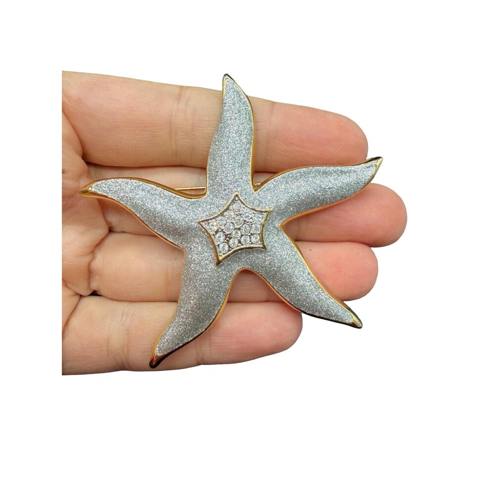 Vintage Starfish Brooch Coastal Nautical Beach Glitter Statement 80s Pin